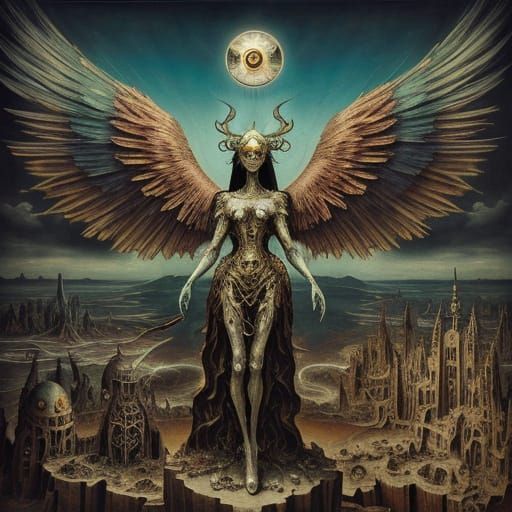 Awkward Angel in Desolate Landscape by Bosch and Dalí Style