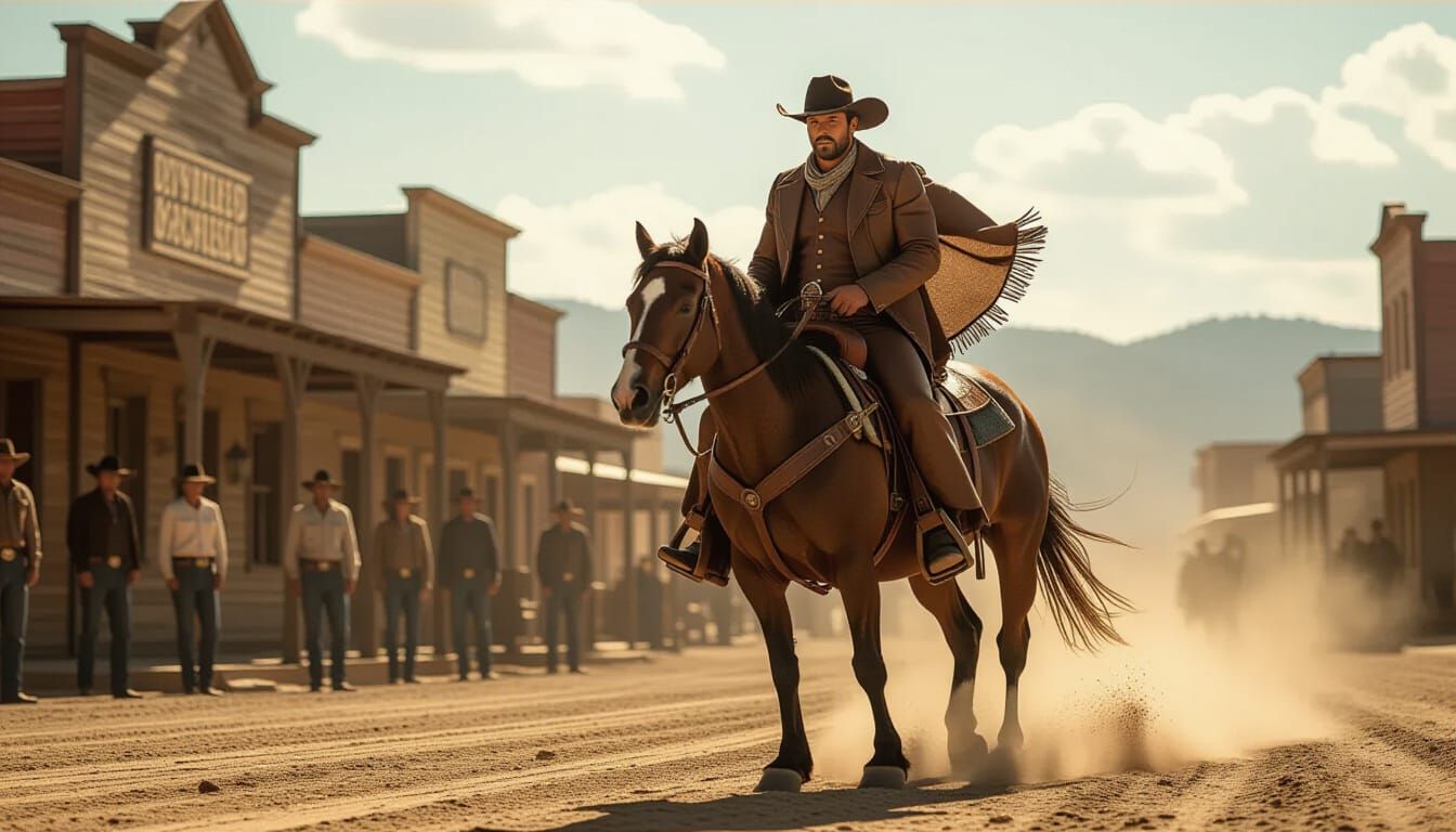 Gritty Cowboy Rides Horse into Dusty Old West Town