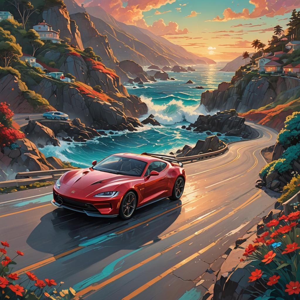 Red Sports Car on Coastal Road in Psychedelic Pixel Art