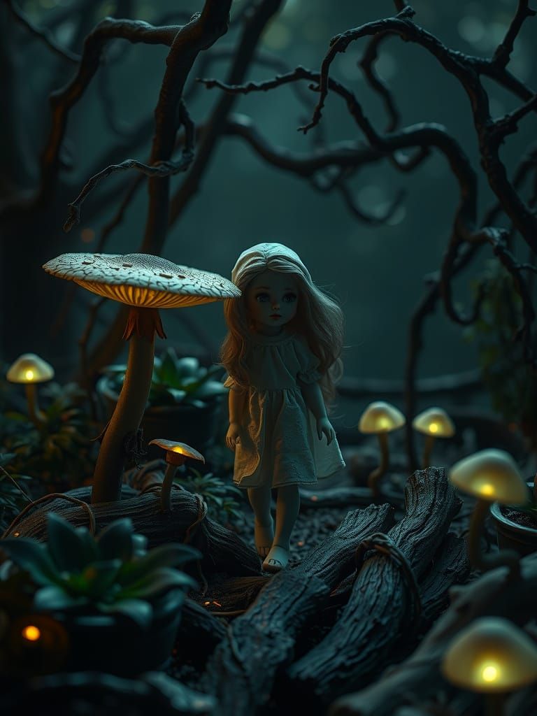 Porcelain Doll's Dark Journey Through Bioluminescent Garden