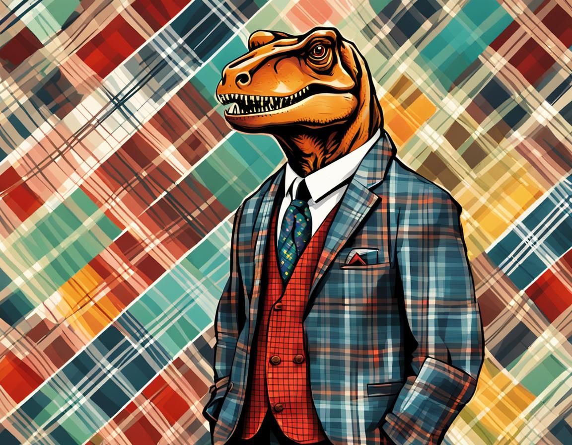 Happy T-Rex in Plaid Suit Portrait