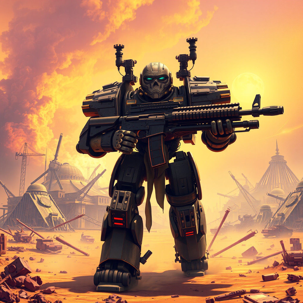 Mechanical War God Roams Desert Battlefield in Anime Style