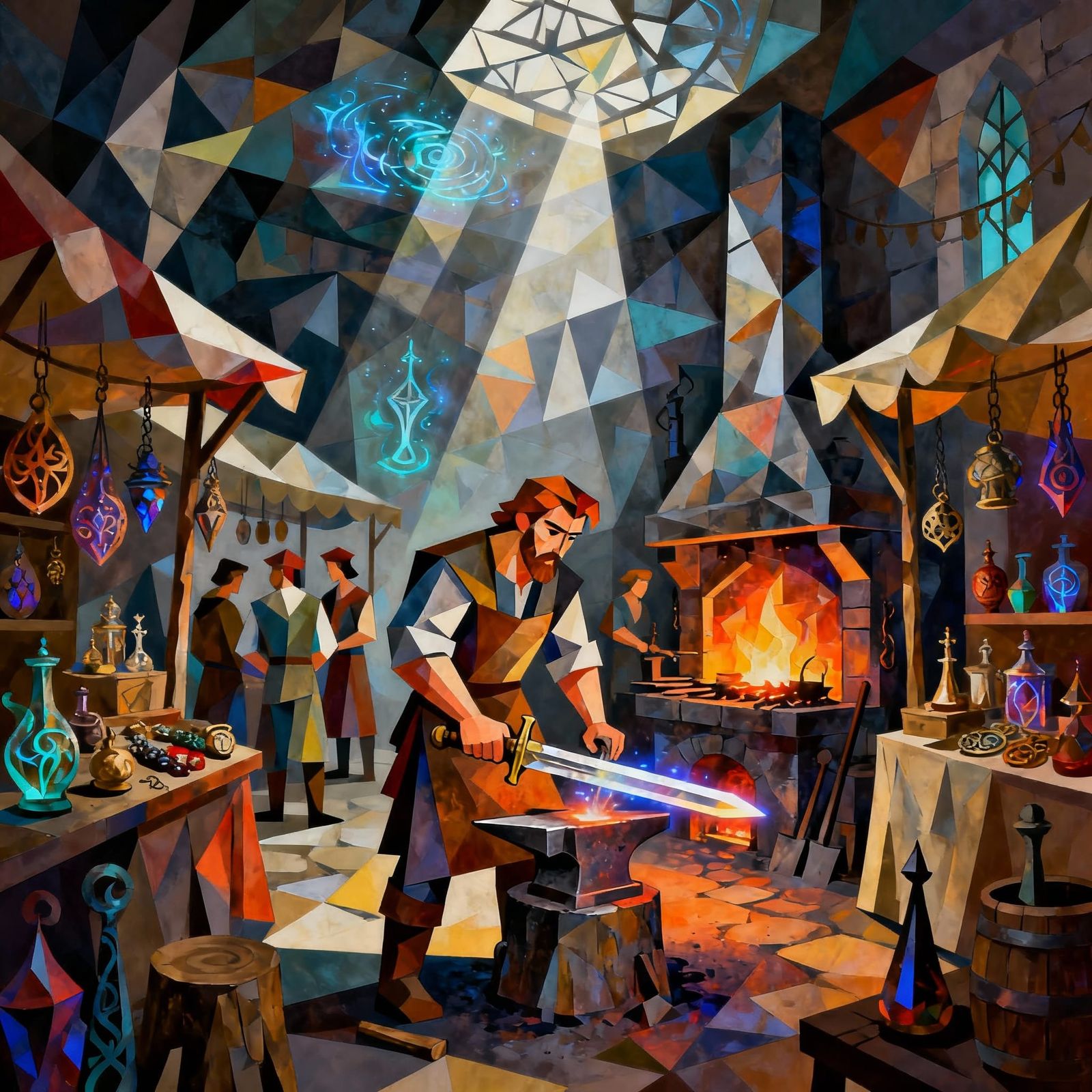 Whimsical Fairytale Marketplace With Blacksmith Forging Swor...