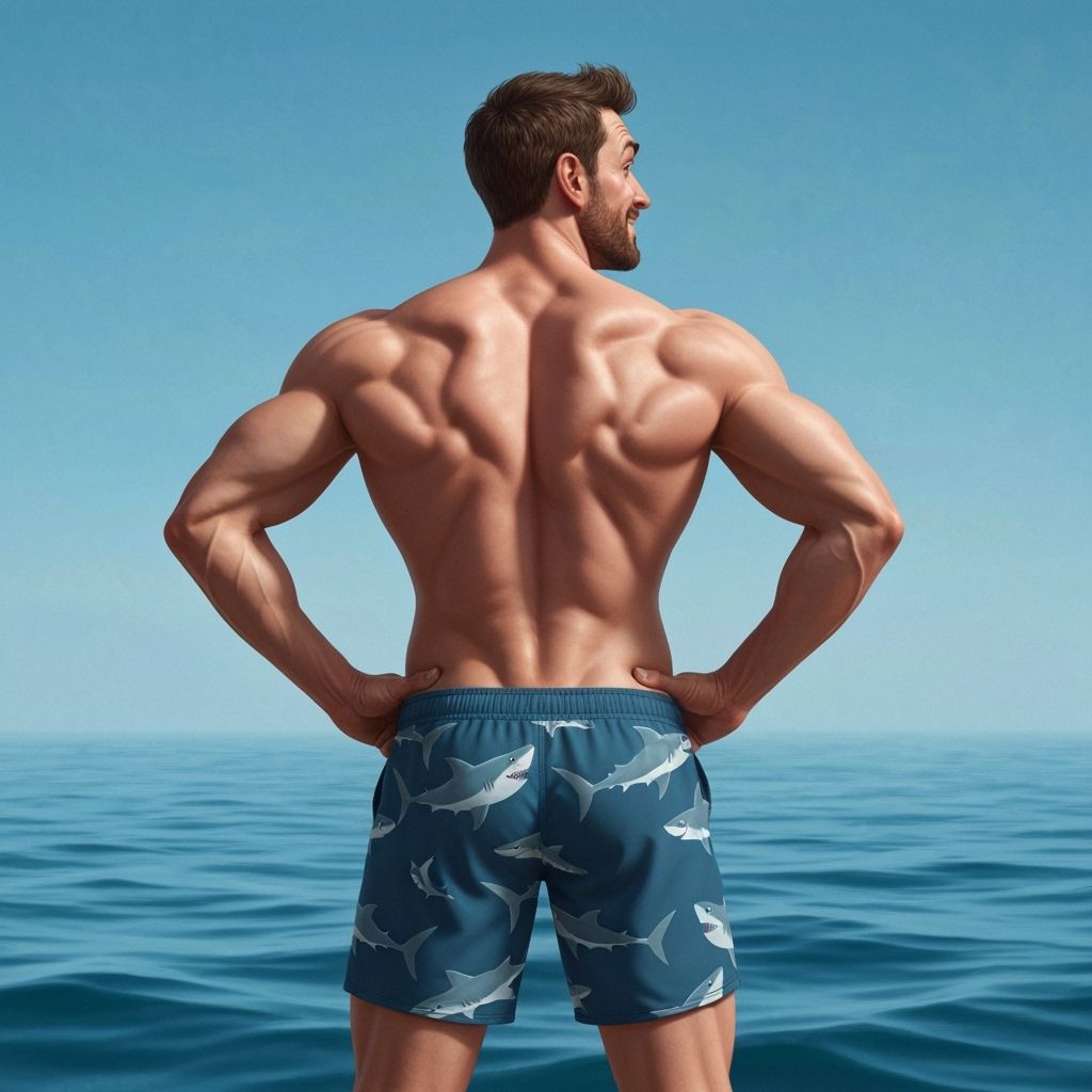 Humorous Shark Swimwear Model Gazing at the Sea