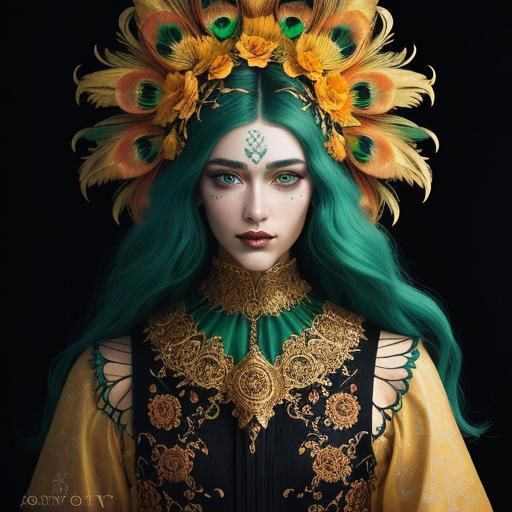 Golden Woman with Peacock Feathers in Pop Art Style