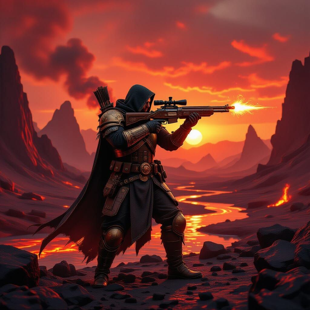 Dieselpunk Warrior in Hellish Landscape with Steam Rifle