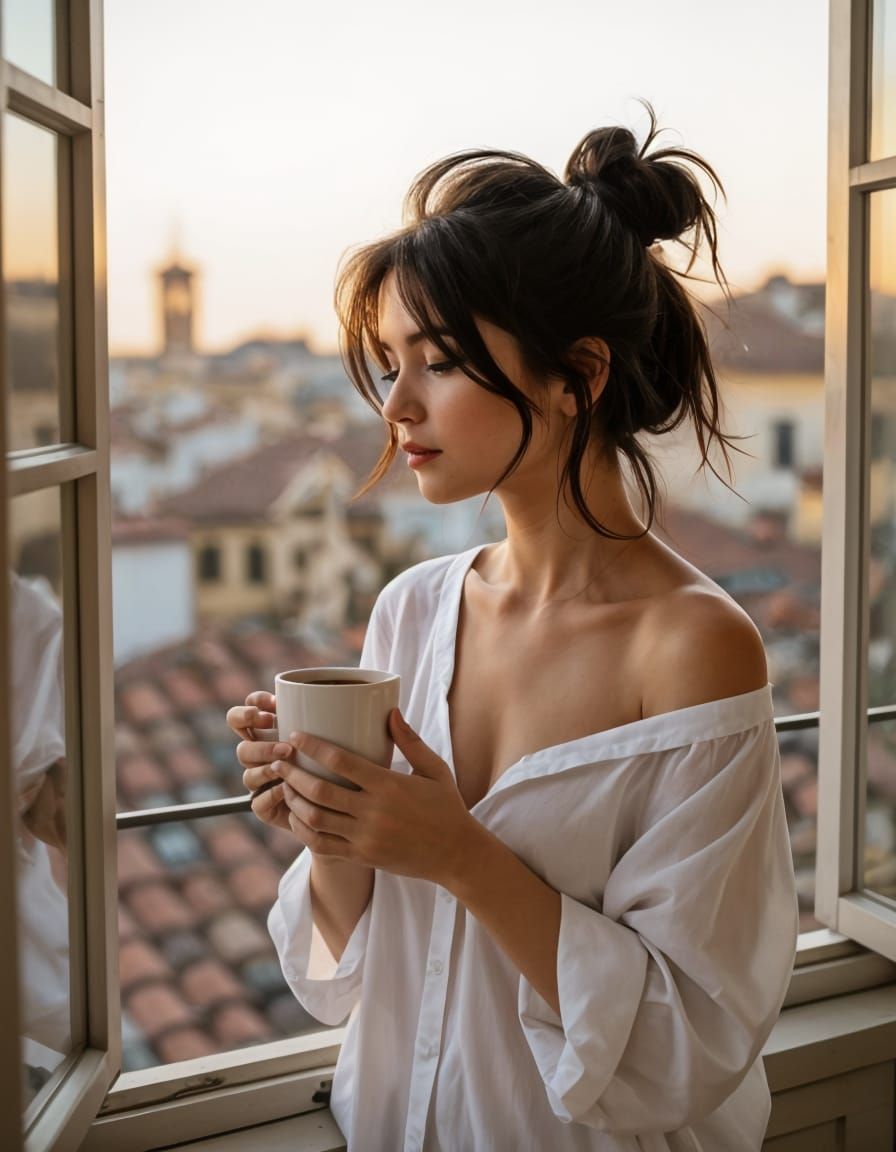 Cinematic Portrait of Italian Woman Enjoying Morning Coffee