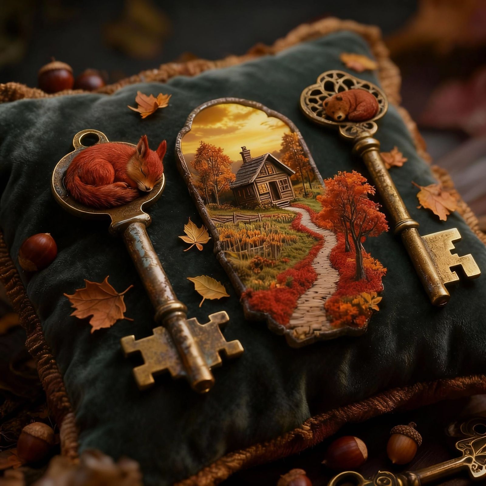 Antique Keys with Miniature Autumn Worlds