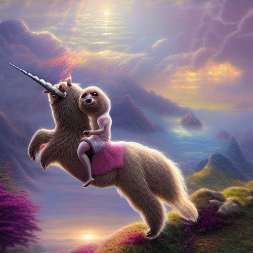 Unicorn-Riding Sloth Chasing Dragon at Sunset