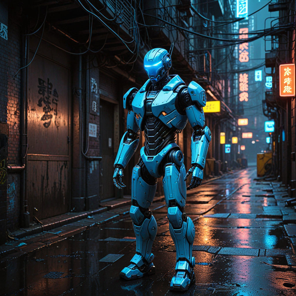 Cyberpunk Robot Concept Art in a Neon-Lit Cityscape