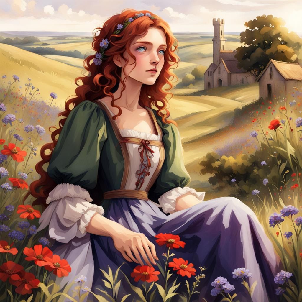Victorian Peasant Woman in Wildflower Field