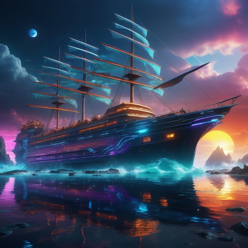 Sleek Sailing Ship Surrounded by Shimmering Chrome Sea