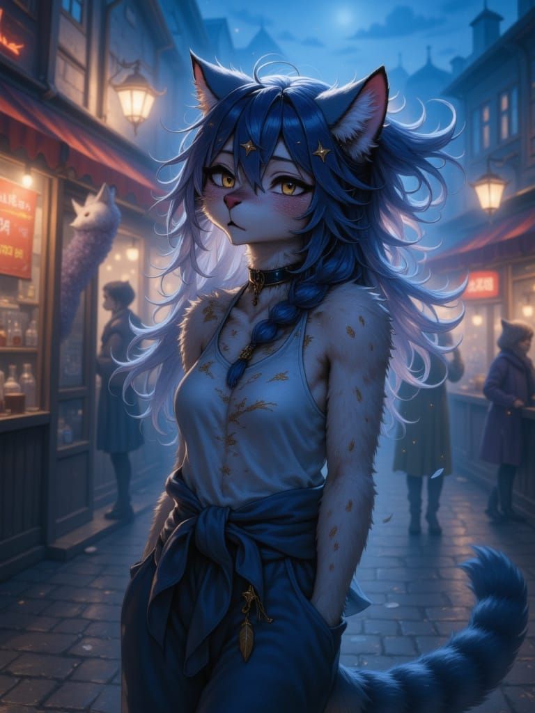 Catgirl Strolls Through Fantasy Night Market