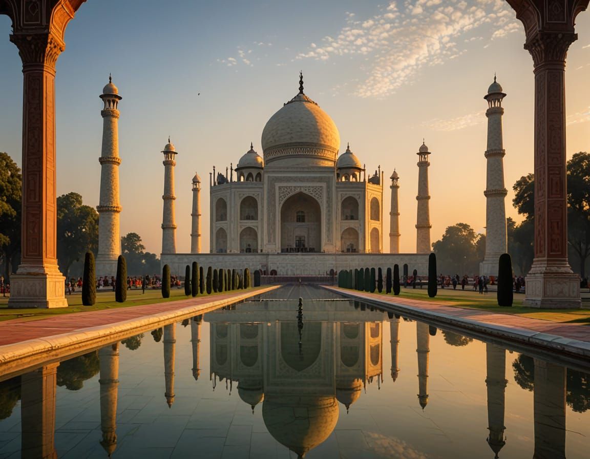 Taj Mahal, Serene Reflections in Indian Sunset