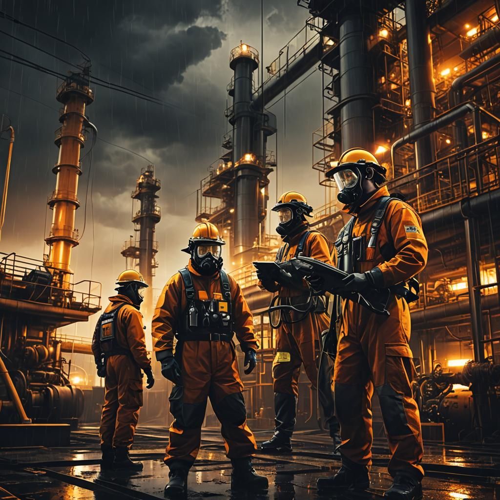 Industrial Oil Processing Workers in Cinematic Lighting