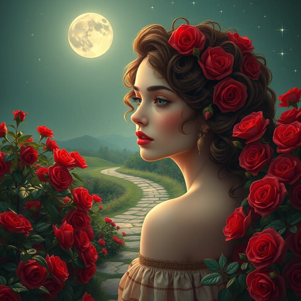 Serene Garden Sanctuary with Red Rose Bushes and Moonlit Pat...