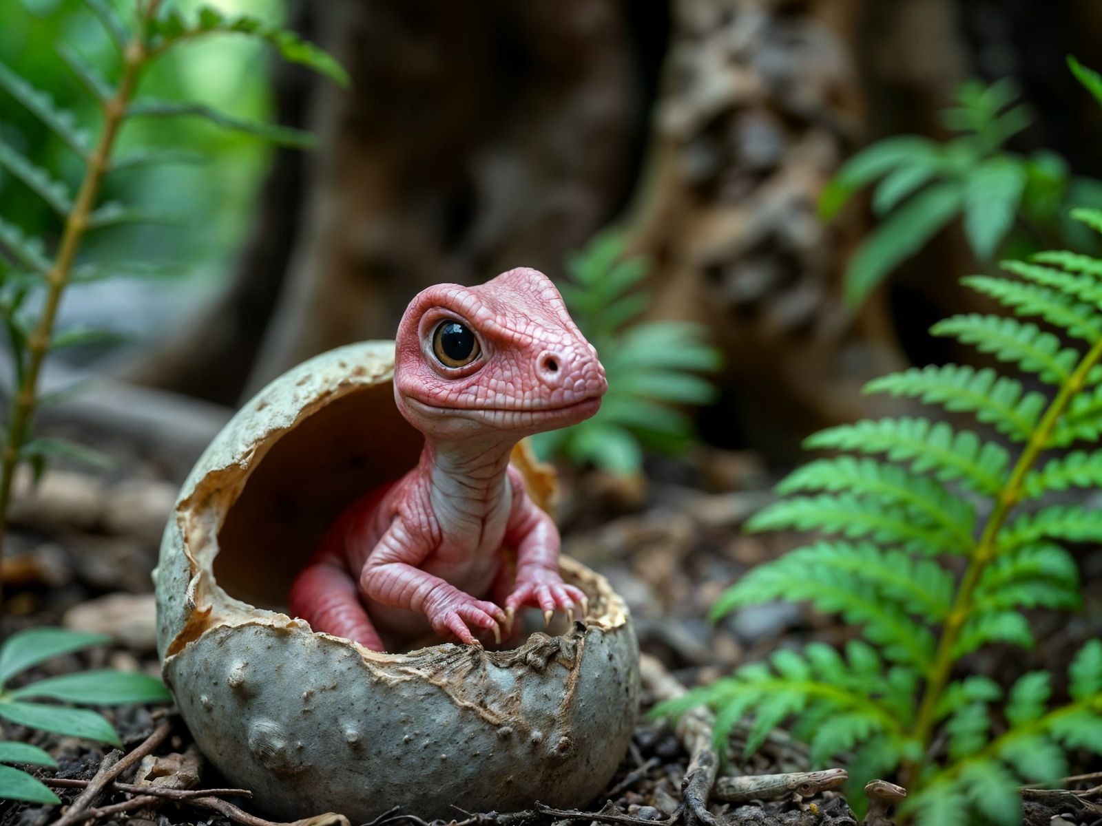 Cute Pink Velociraptor Hatchling in Prehistoric Forest