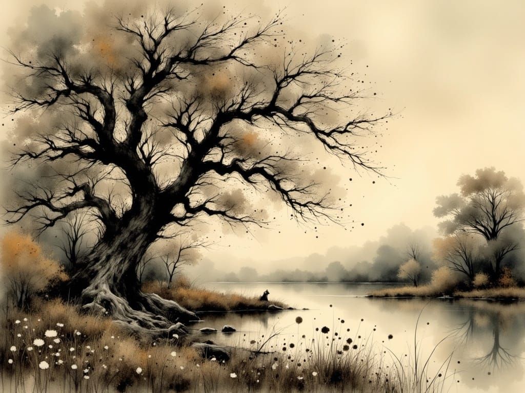 Majestic Landscape with Lake and Oak Trees in Intricate Ink...