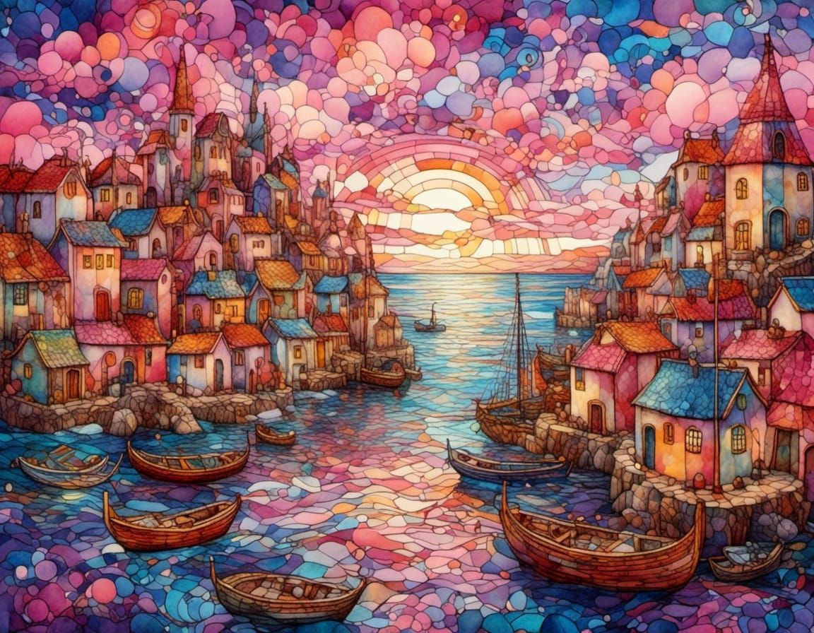Harbor Village at Dawn: Stained Glass Cubist Style