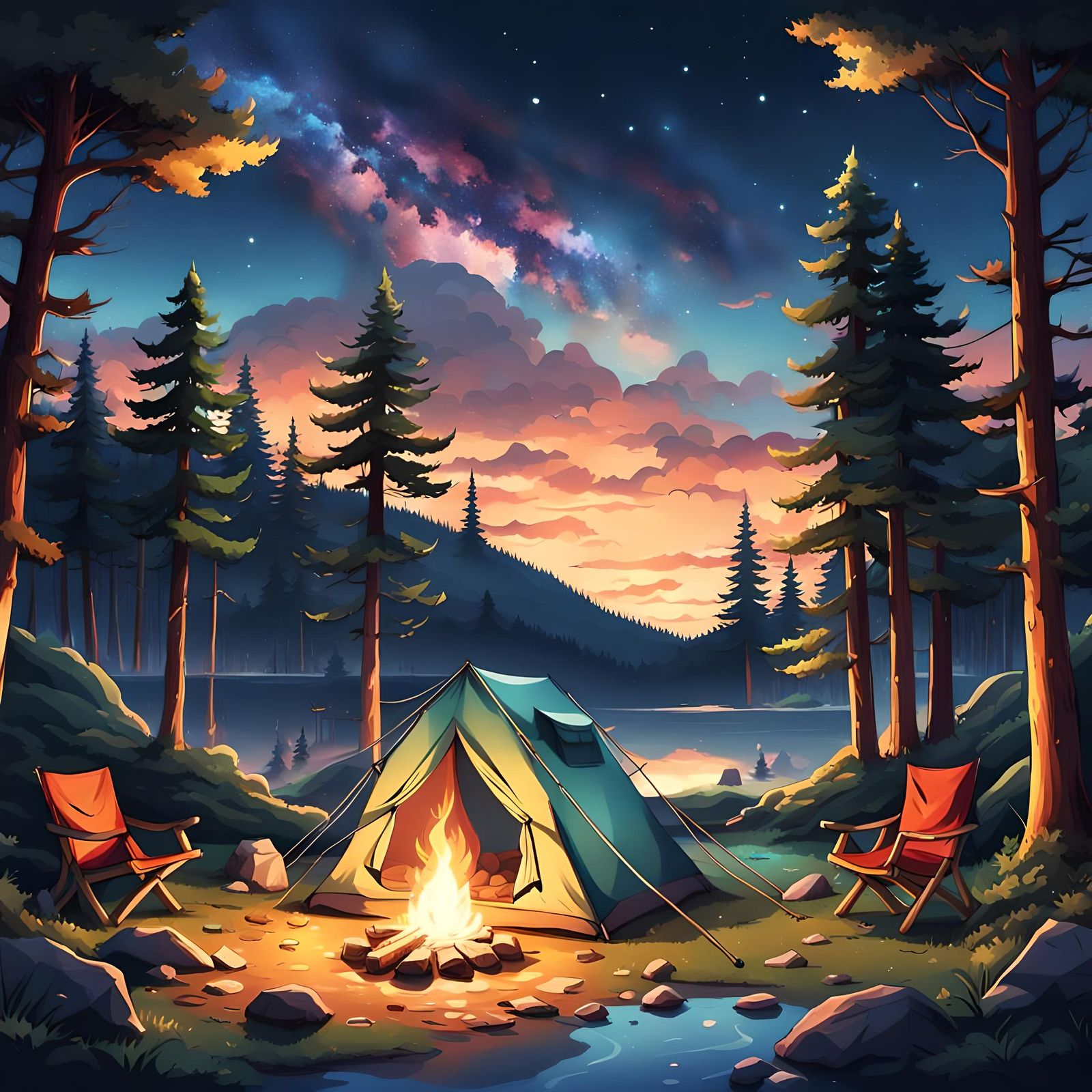 Cozy Campsite Under Starry Sky in Anime Style