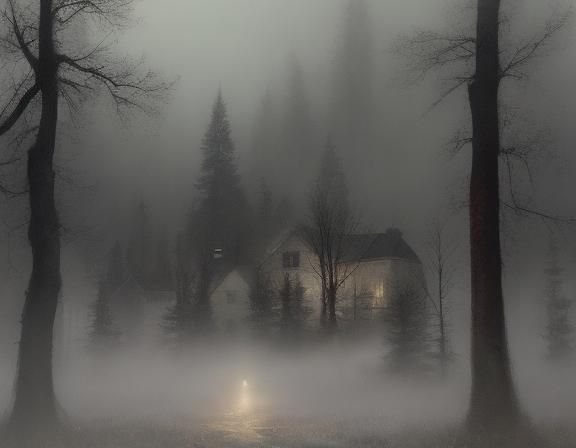 Ethereal Ghost Town in Misty Forest: Oil Painting