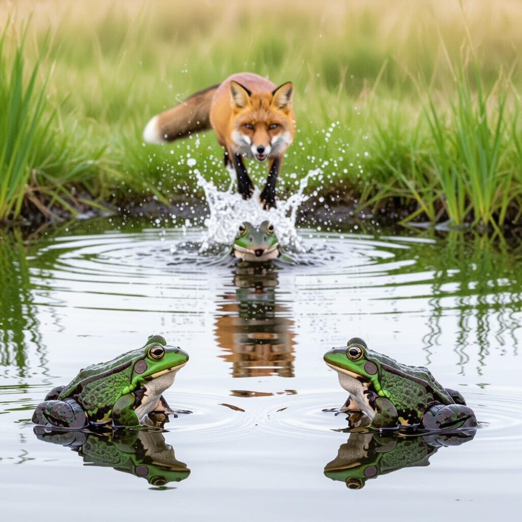 Frogs Flee Fox Emerging From Pond
