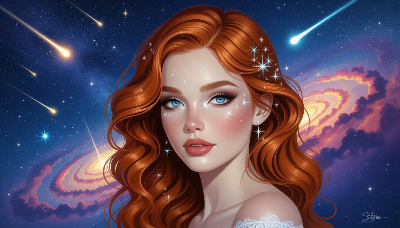 Galaxy Princess with Wavy Ginger Hair and Blue Eyes