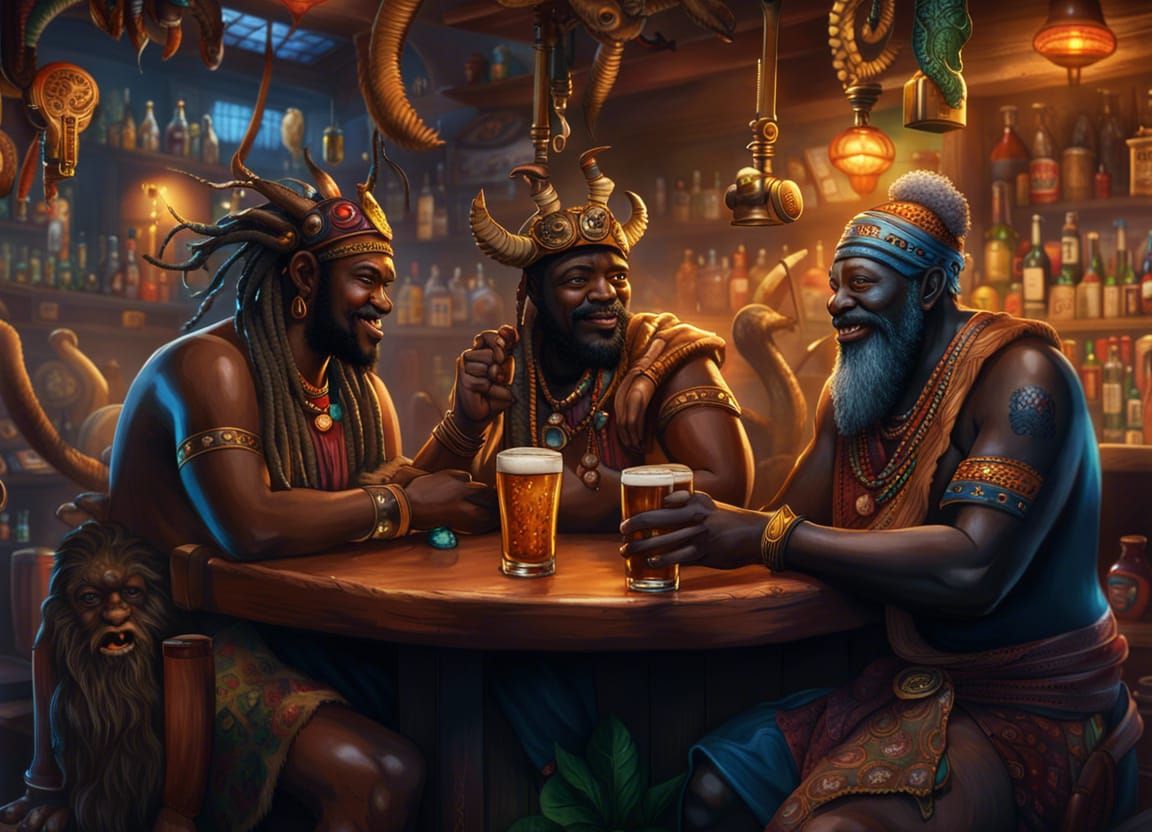 Owuo, Tano Akora and Yaw Abasi at the pub celebrating their friendship