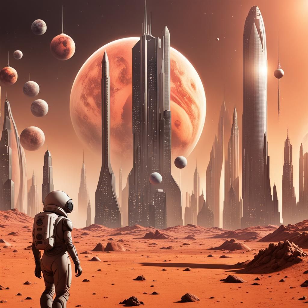 Martian Utopia with Skyscrapers and Orbiting Planets