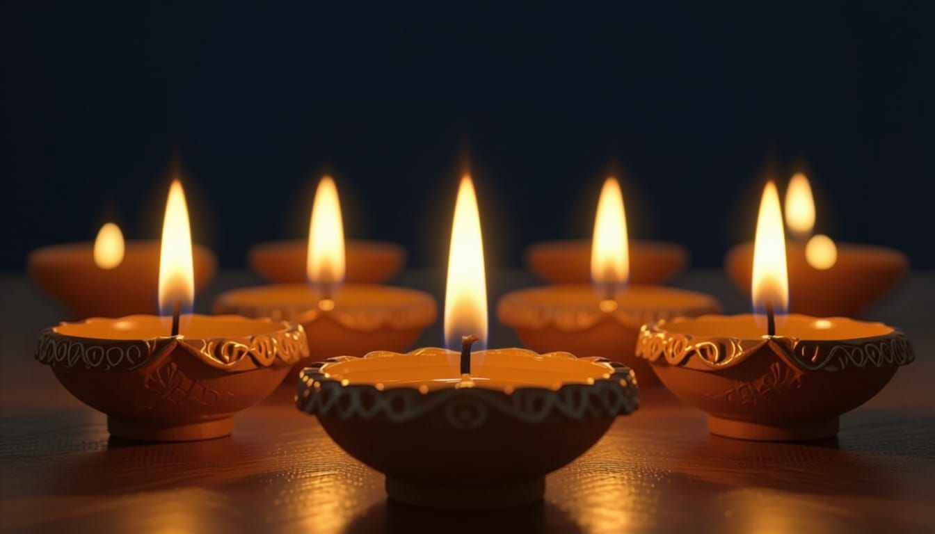 Brightly Glowing Indian Diya Lamps with Golden Light