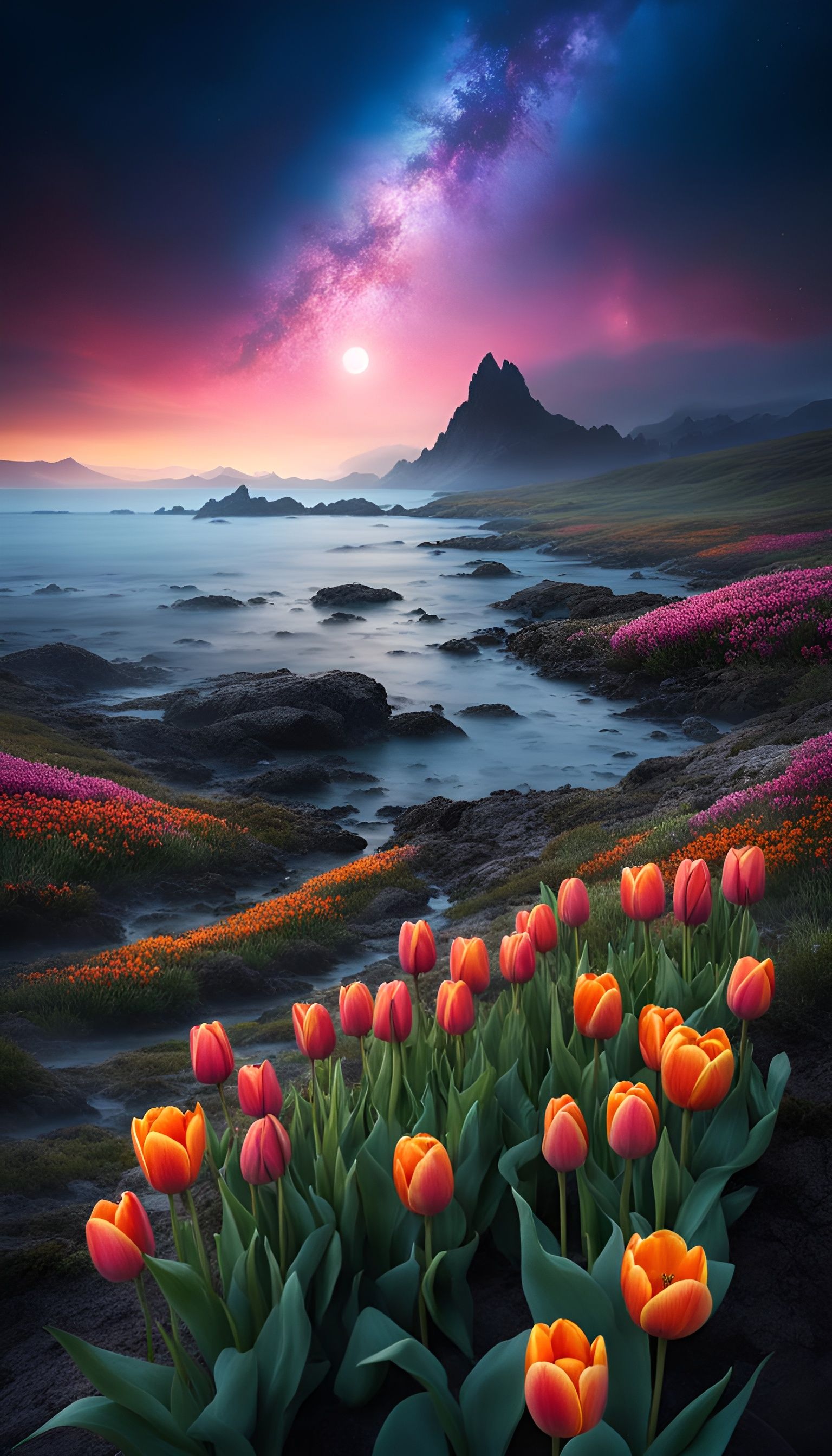 Moonlit Rocky Shore with Northern Lights, Bokeh Effect