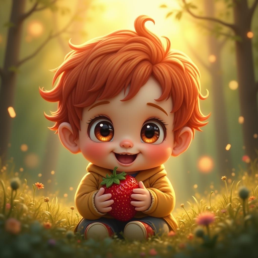 Happy Chibi Baby with Strawberry in Bioluminescent Forest