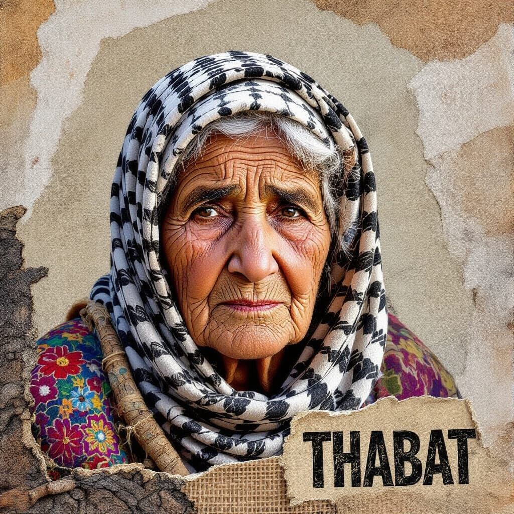 Mixed Media Collage: Elderly Palestinian Woman Embodies Resi...
