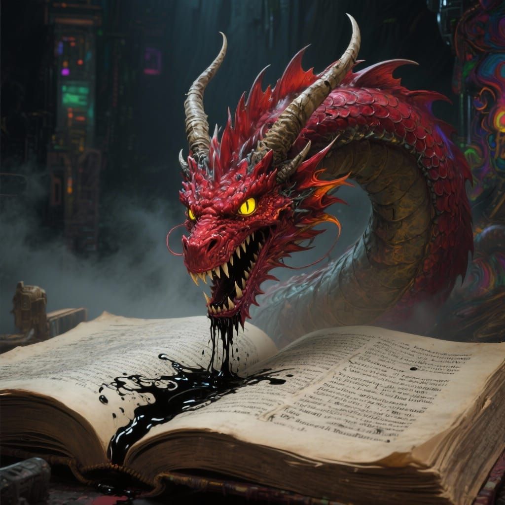 Ruby Dragon Emerges from Ancient Book in Dark Fantasy