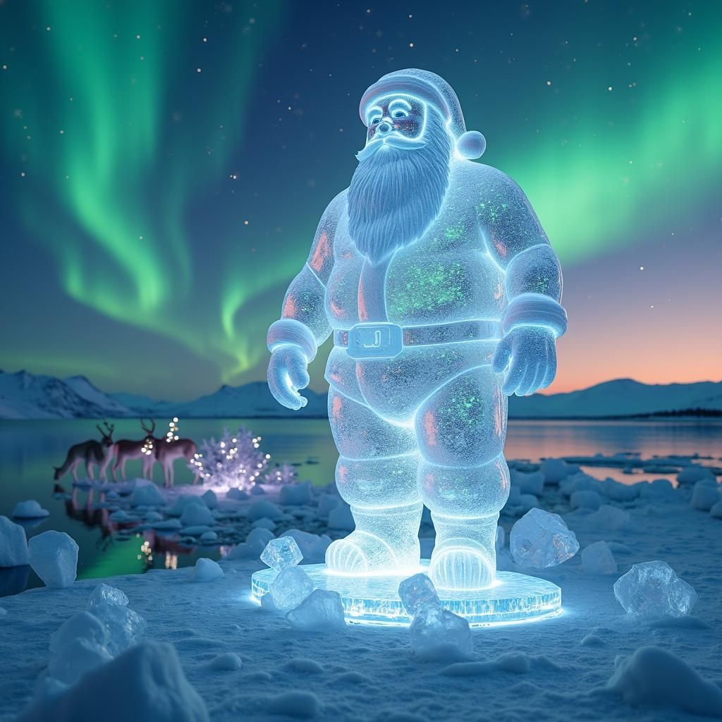 background nothern light chunks of ice reindeer translucent icebear translucent . The perfect Santa Claus is frozen of c...