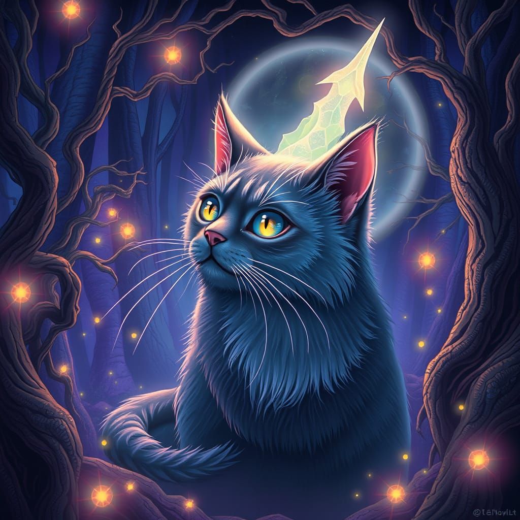 Mystical Cat in Dreamlike Forest with Ethereal Aura