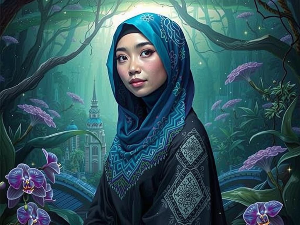 Mystical Indonesian Woman in Bioluminescent Cityscape