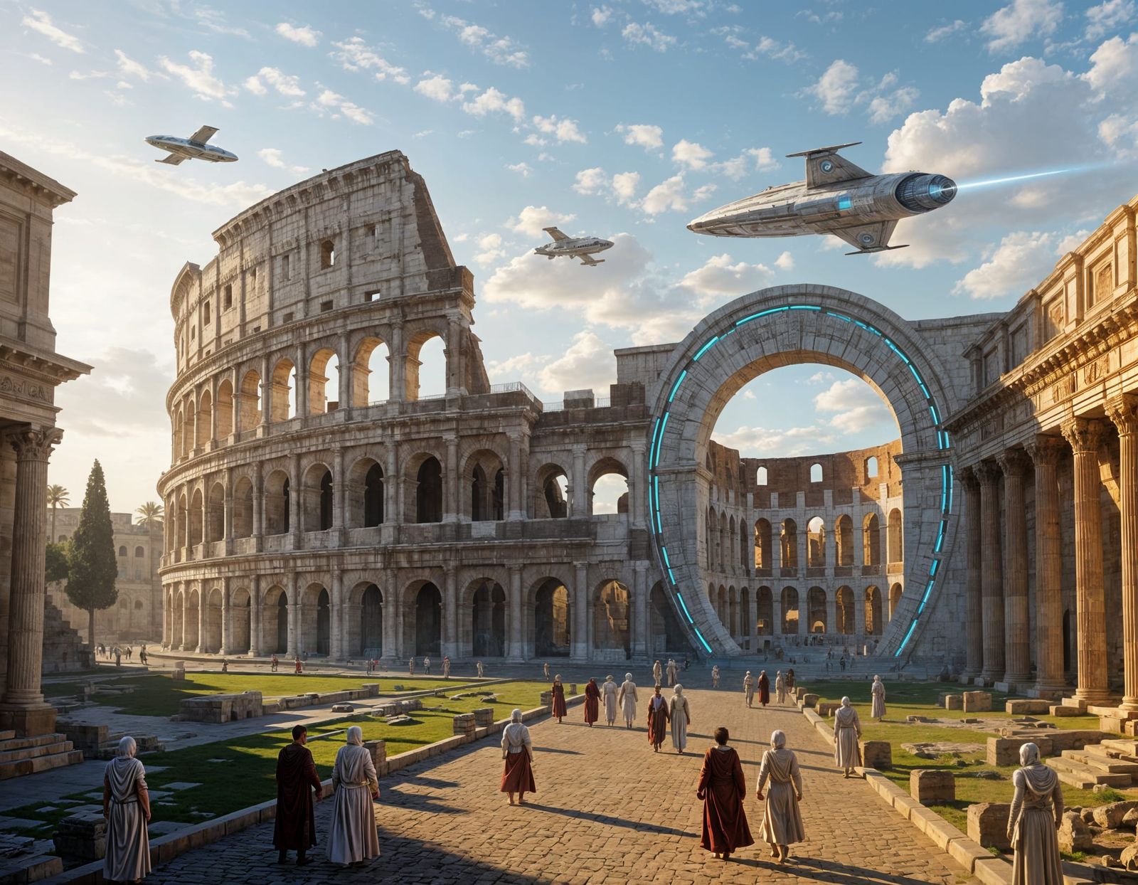 Futuristic Spaceport in Ancient Roman Colosseum