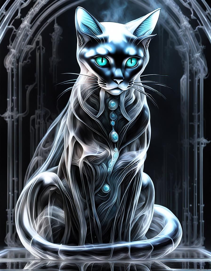 Crystal Neko Emerges in Smoke: Ghostly Glass Art