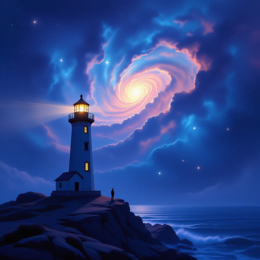 Cosmic Lighthouse Beam Piercing Starry Nebula