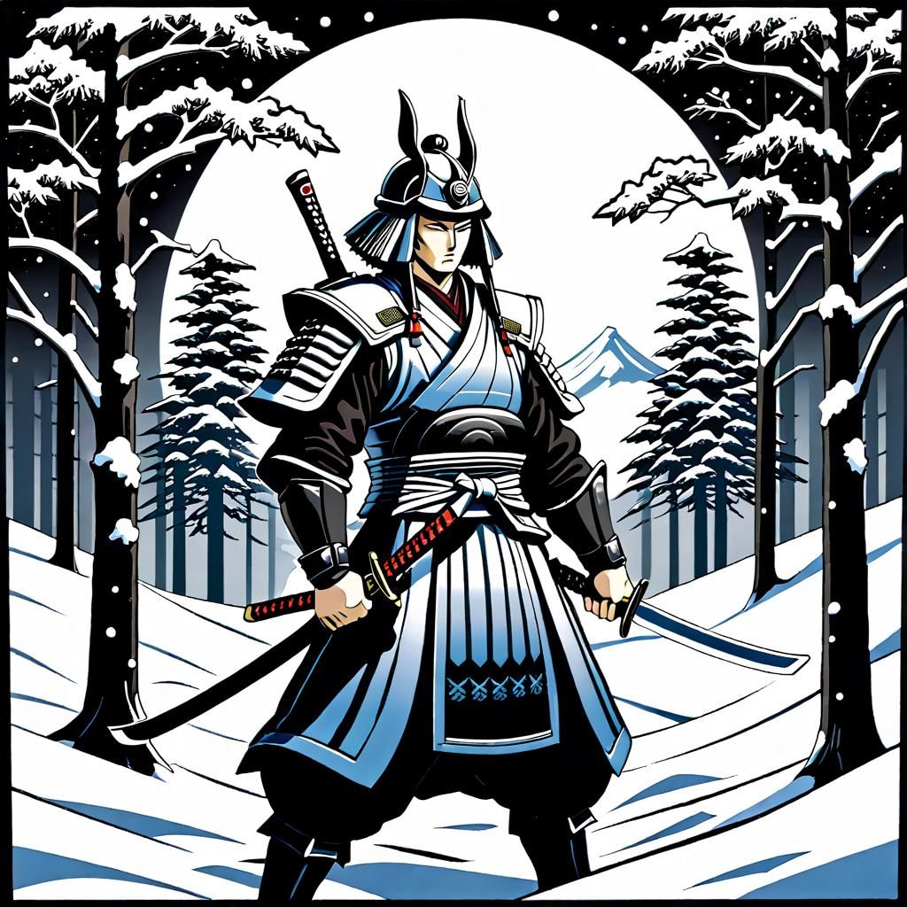 Heavy Metal Samurai in Snowy Linocut Style