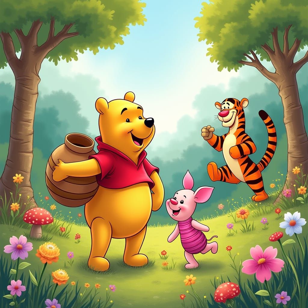 Whimsical Winnie the Pooh in a Lush Forest Clearing