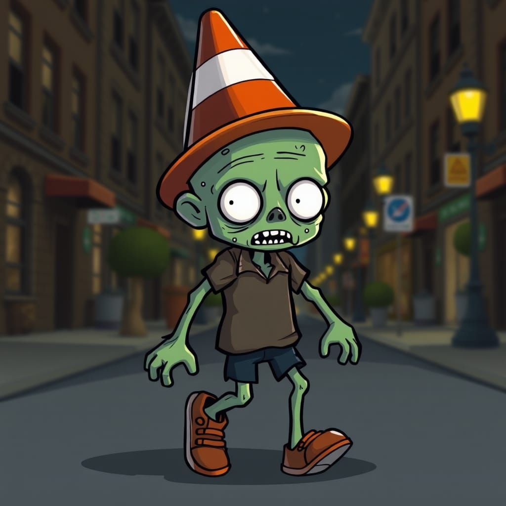 Cartoon Zombie with Traffic Cone Hat