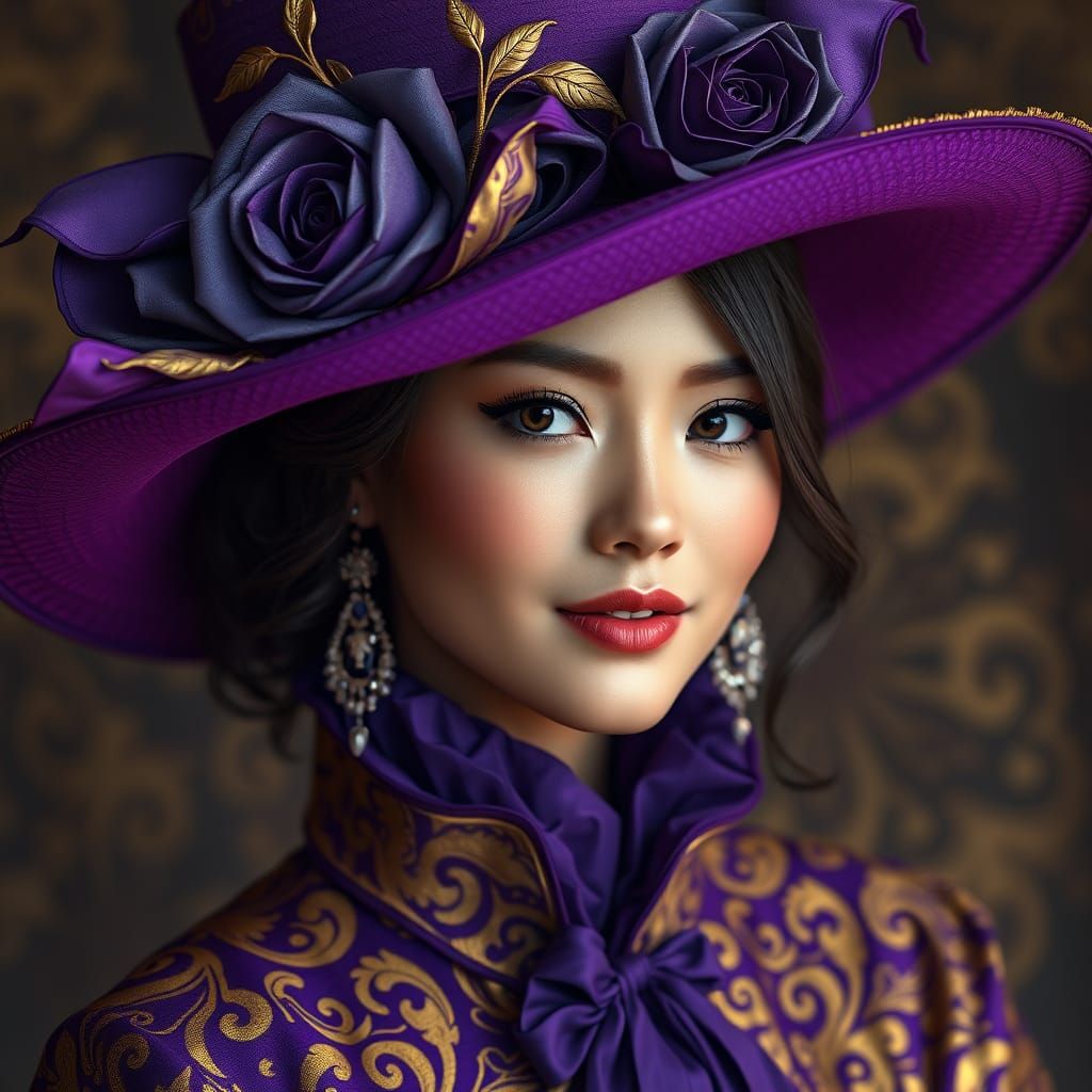 Elegant Woman in Opulent Attire with Vibrant Purple Hat