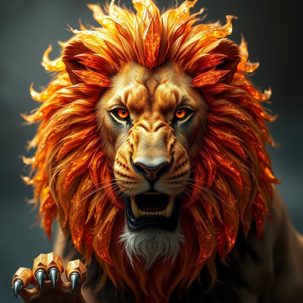 Majestic Lion in Fiery Crystal Fur, Iron Teeth, and Steel Cl...