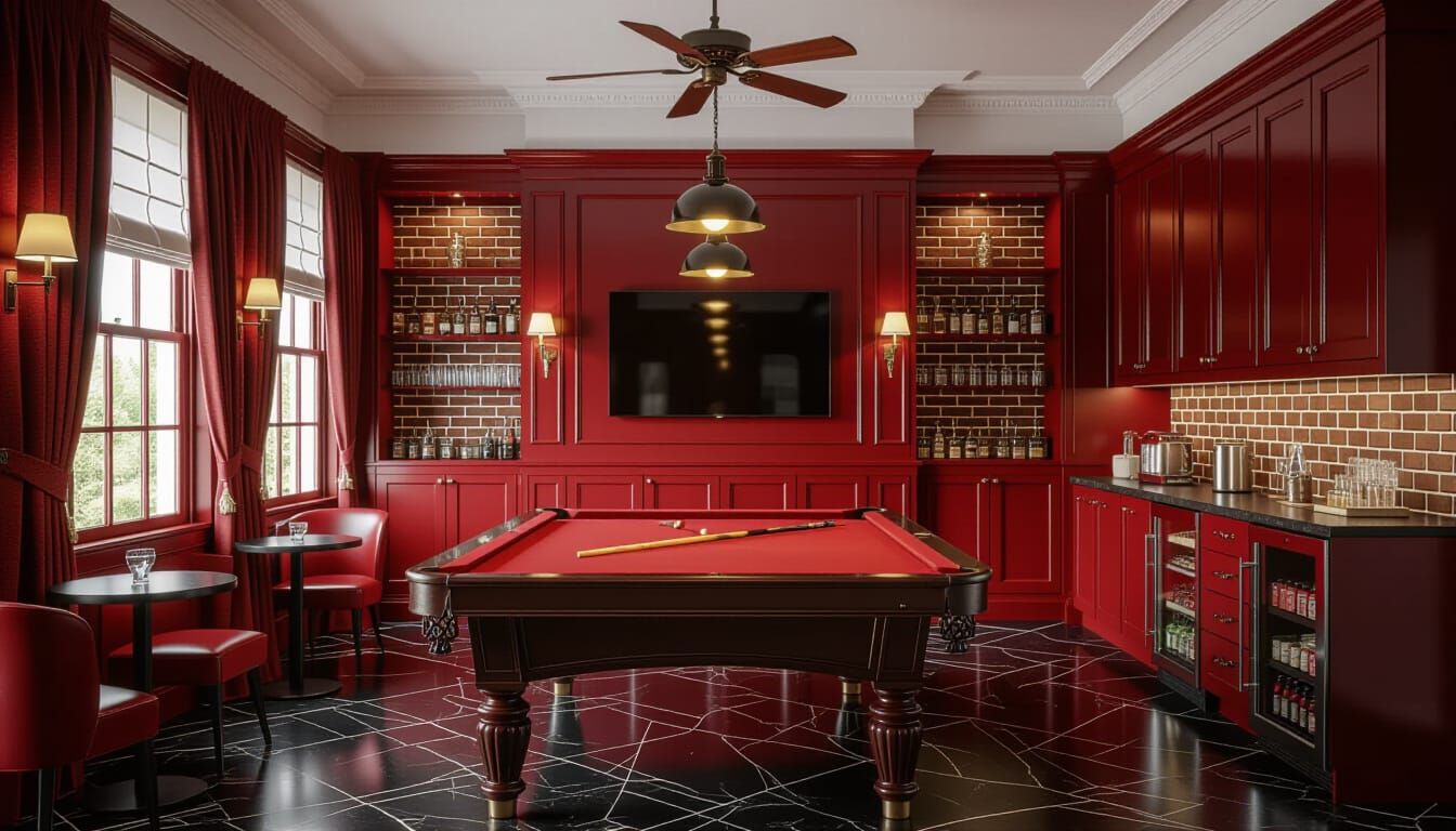 Elegant Victorian Billiards Room in Rich Red and Brick Hues