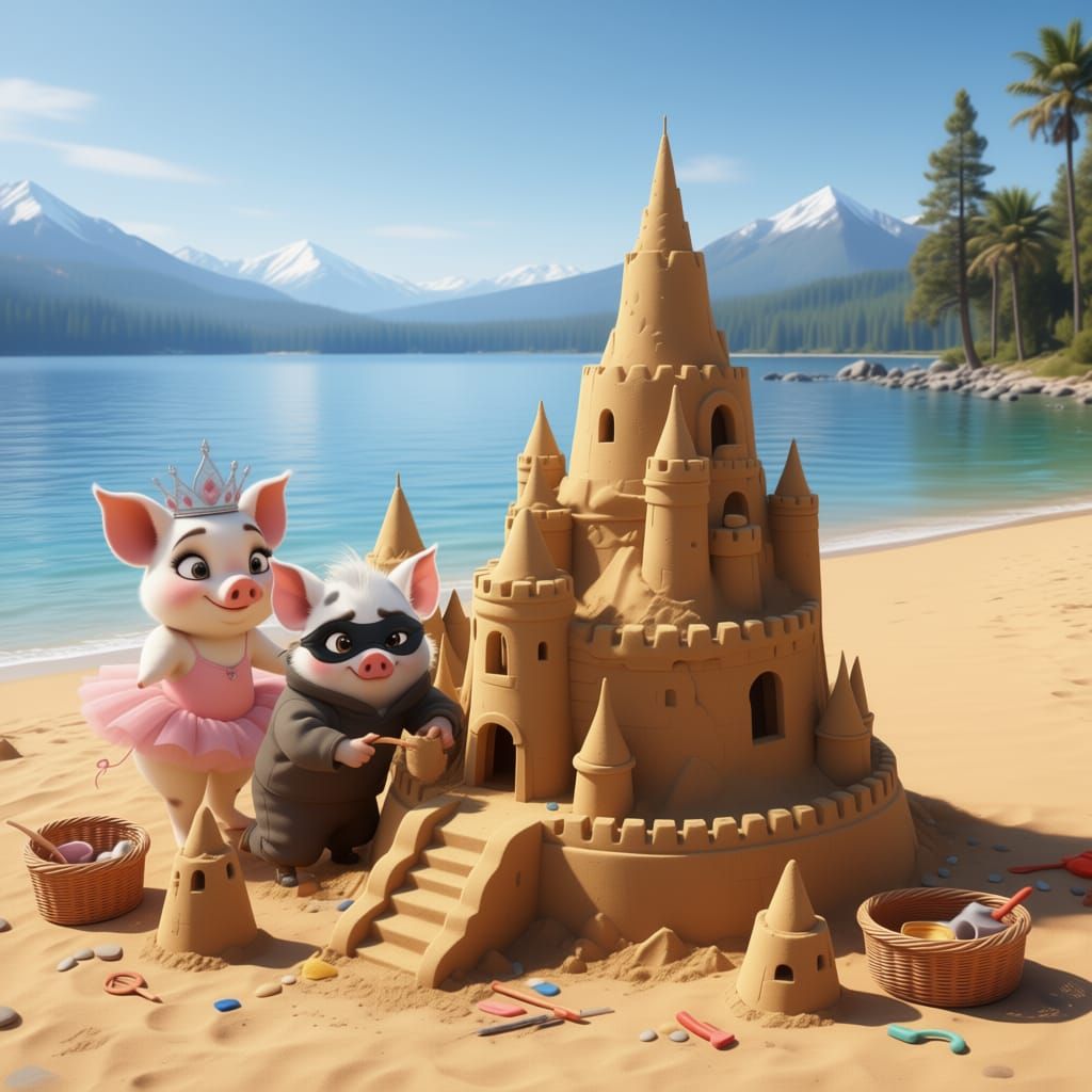 Cleo and Pig Building a Castle Together