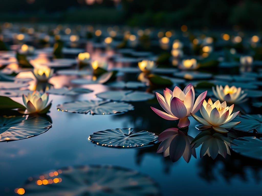 Serenely Shimmering Lotus Flowers in Dreamy Twilight