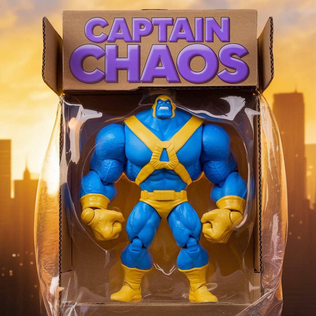 Captain Chaos Standing Confidently in a Glowing Cityscape