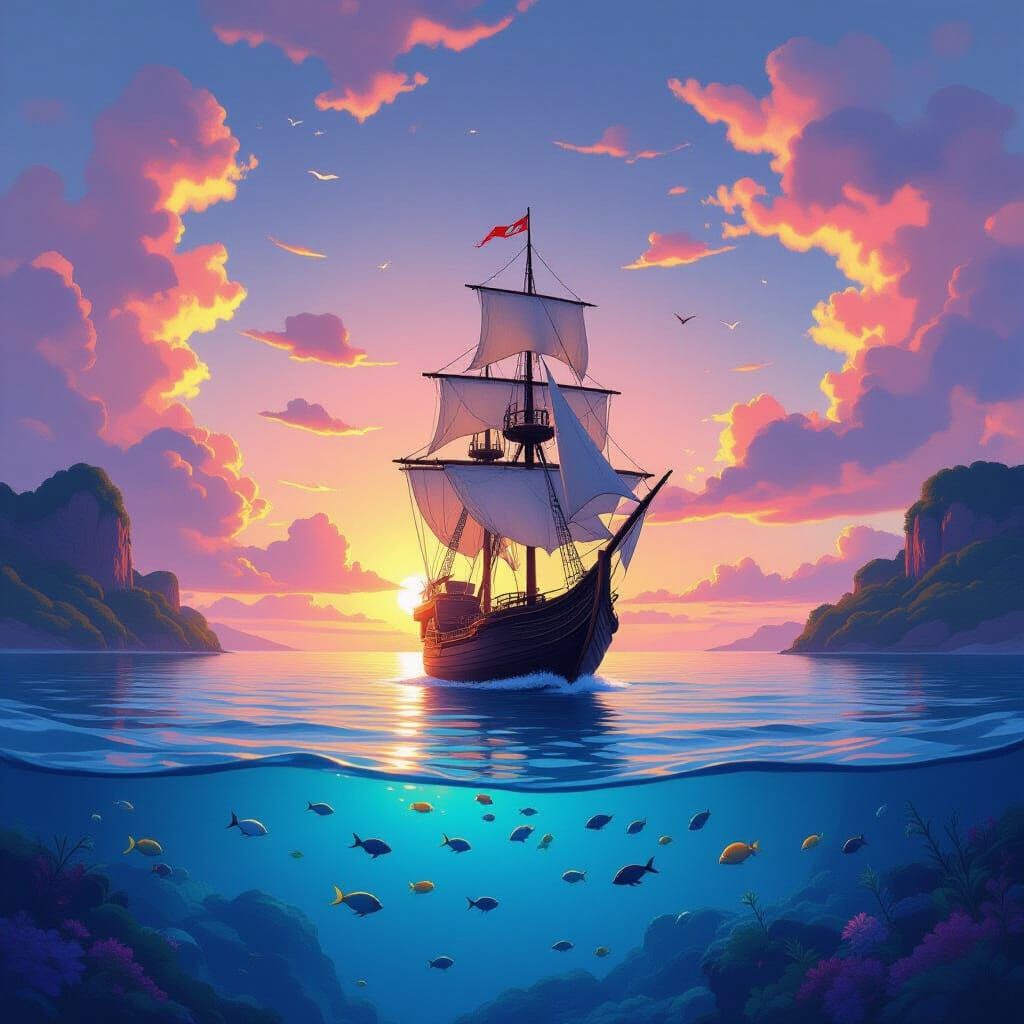 Majestic Ship Sails to Floating Island at Sunrise